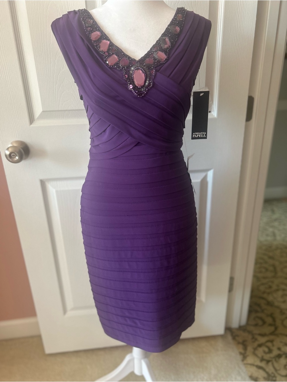 Adrianna Papell Beaded V-Neck Midi Dress